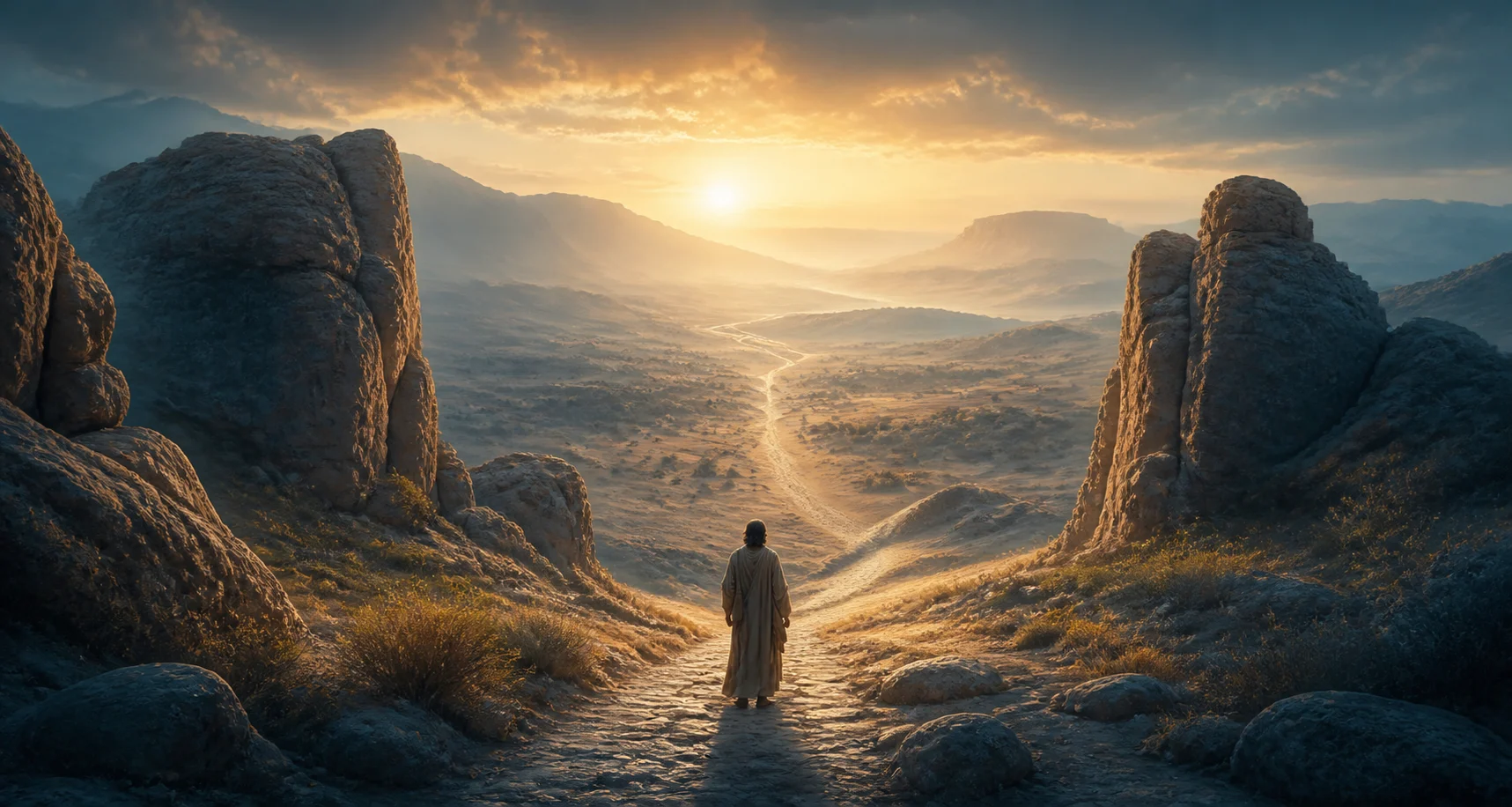 A traveler looking across an ancient valley illuminated by sunrise